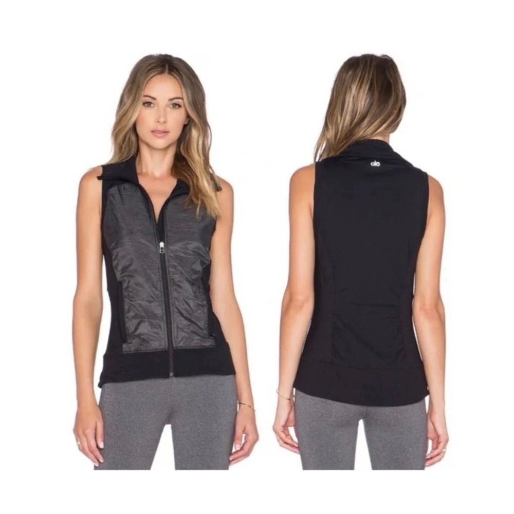 Alo Yoga Lakeside Vest Medium Black Gray Full Zip Mixed Media Activewear Vest